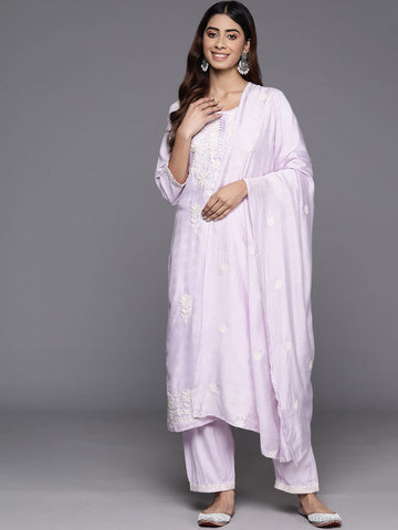 Varanga Women Lavender Thread Embroidered Kurta With Bottom And Dupatta